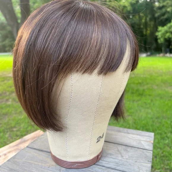 MEDIUM BROWN SYNTHETIC FIBER TOPPER BOB LENGTH WITH BANGS - Picture 3 of 15